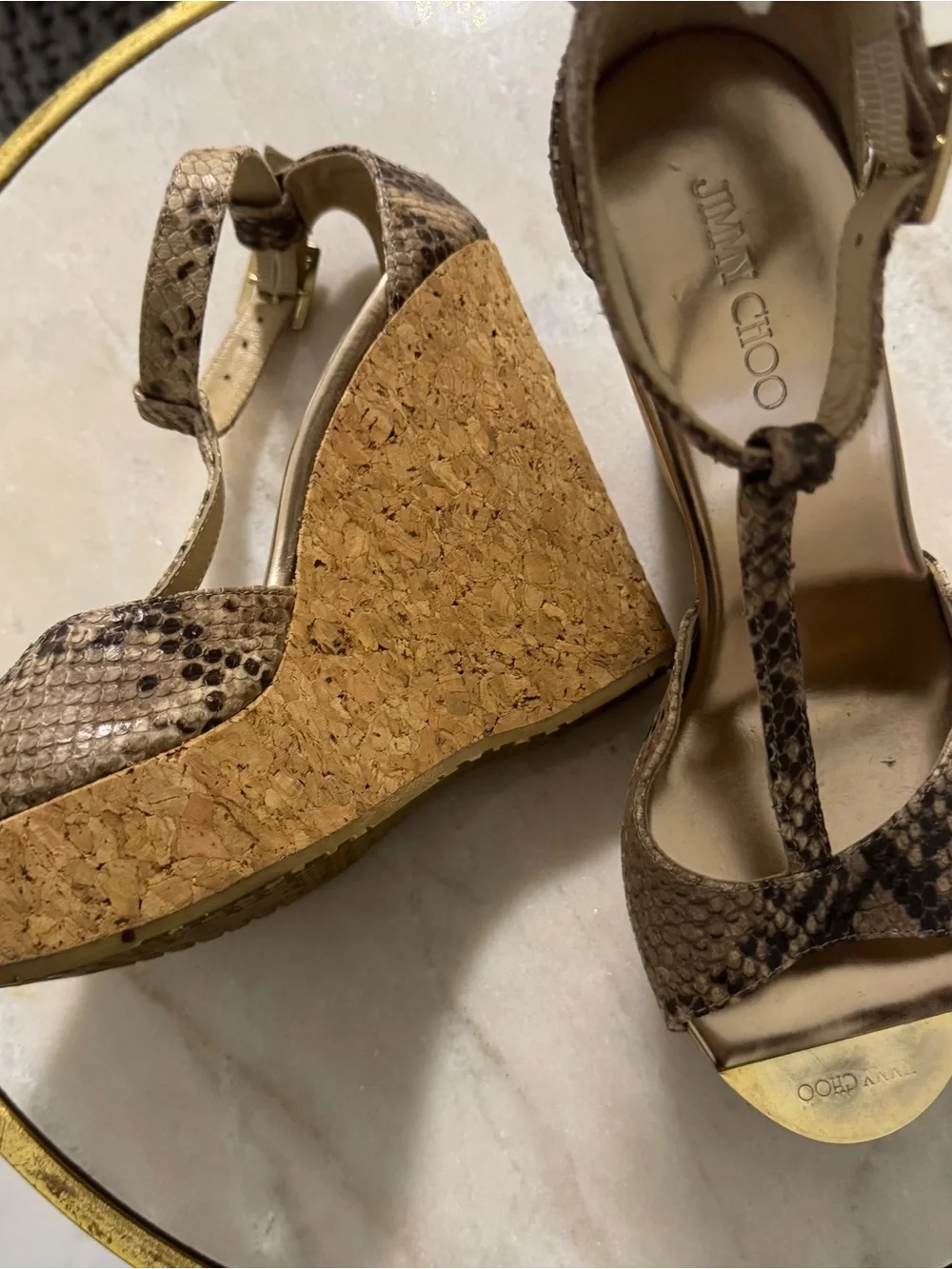 Jimmy Choo Taupe Snake-Print Cork Wedge Sandals